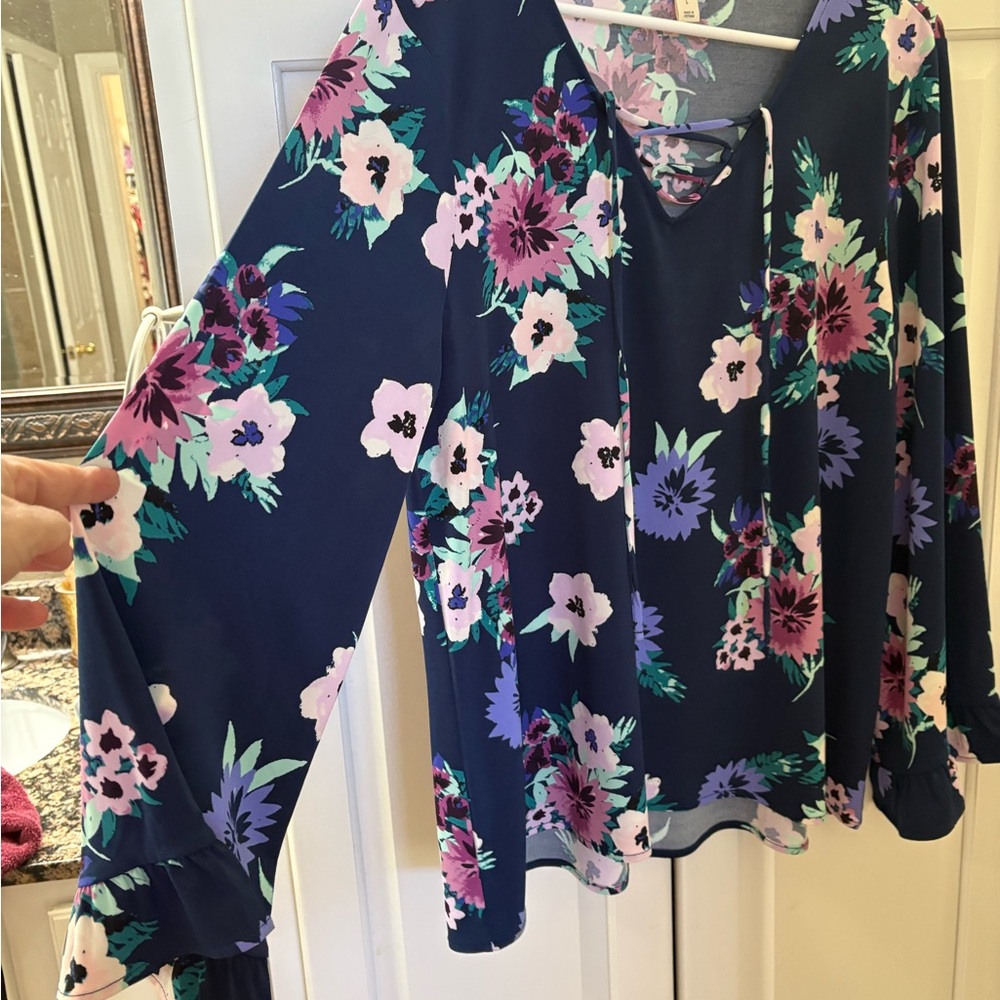 Style & Co. Floral Lace-Up Blouse - Pink, Purple, Green on Navy - Picture 1 of 4